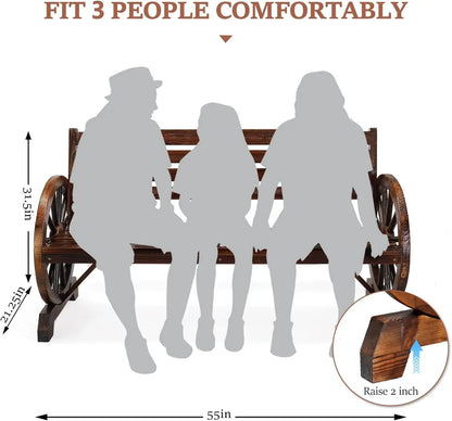 Outdoor Rustic Wooden Bench with Wagon Wheel Arms, Garden Bench