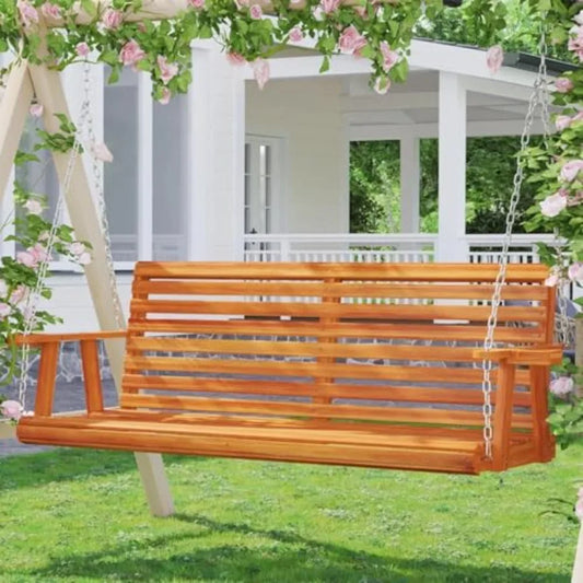 5.5FT Wooden Porch Swing  with Cup Holders Chains 880Lbs Weight Capacity  for Courtyard Gar