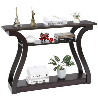 Wood Console Table 3 Tier Narrow Entryway Table with Curved Frame and 2 Open Storage Shelves