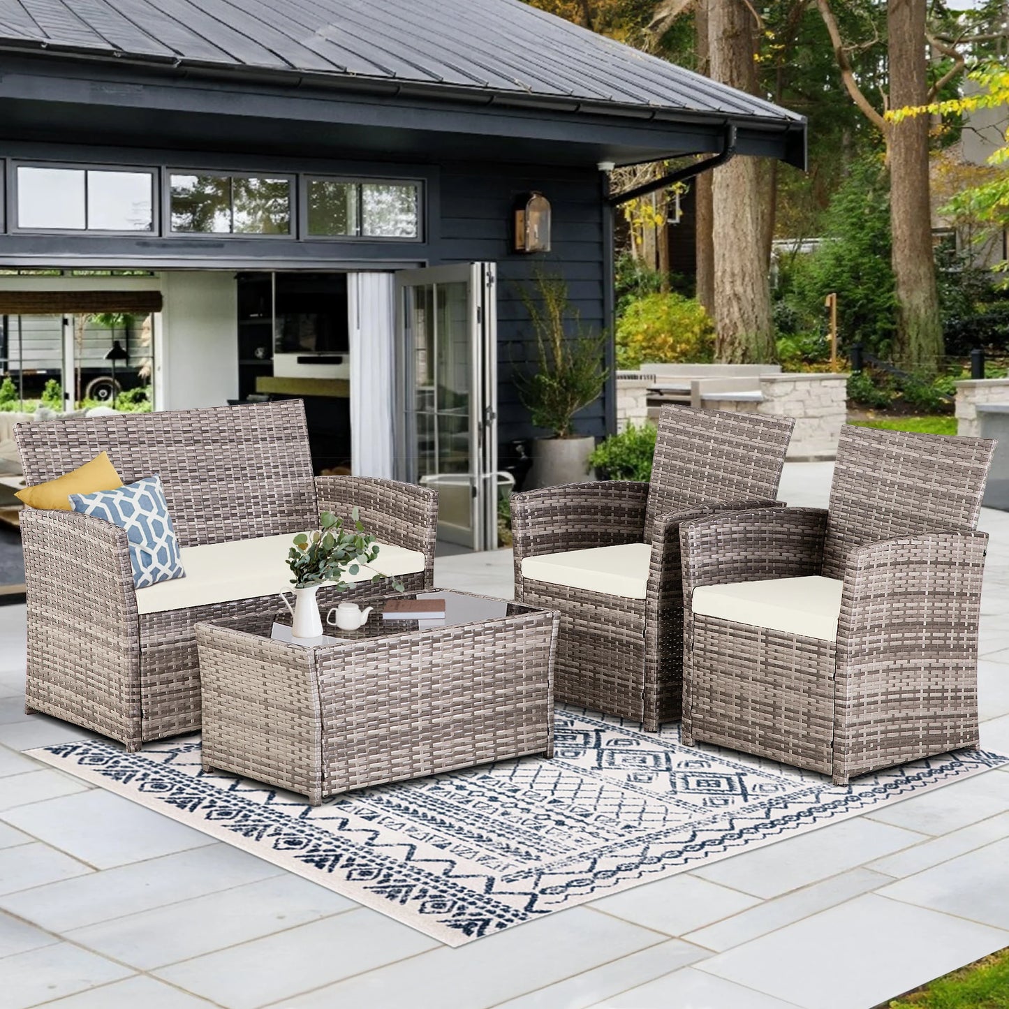 4 Piece Patio Furniture Set, , Rattan Sectional Sofa Couch with Coffee Table & Seat Cushions for