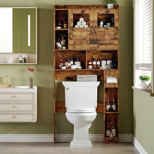 Over Toilet Storage Cabinet With Glass Door, 67.4" Adjustable Bathroom Organizer, Freestanding Cabinet