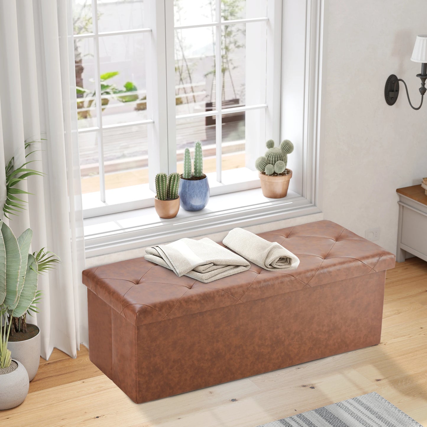JHK 43 Inches Leather Folding Ottoman Storage Footstool For Living Room