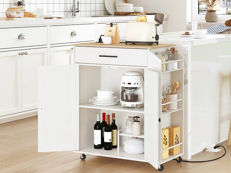 Rolling Kitchen Island with Power Outlet Spice Rack & Drawer Natural & White
