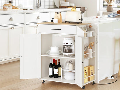 Rolling Kitchen Island with Power Outlet Spice Rack & Drawer Natural & White