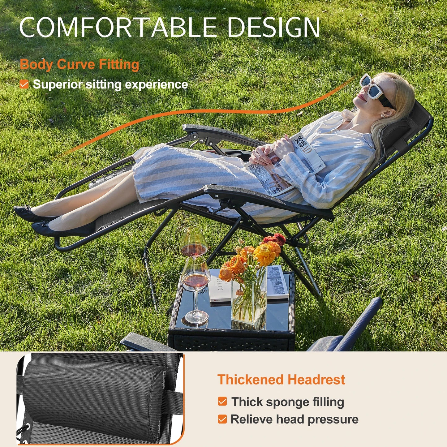 JHK Zero Gravity Set of 2 Portable Recliner  Outdoor Garden Lounge Chair with Cup Holder