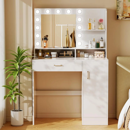 White Makeup Vanity Desk with Mirror, Lights, Drawers & Cabinet