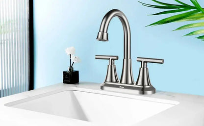 4 Inch Faucets 3 Hole, Bathroom Sink With Pop-Up Drain & Supply Hoses, 2-Handle 360 Swivel Spout Stainless Steel