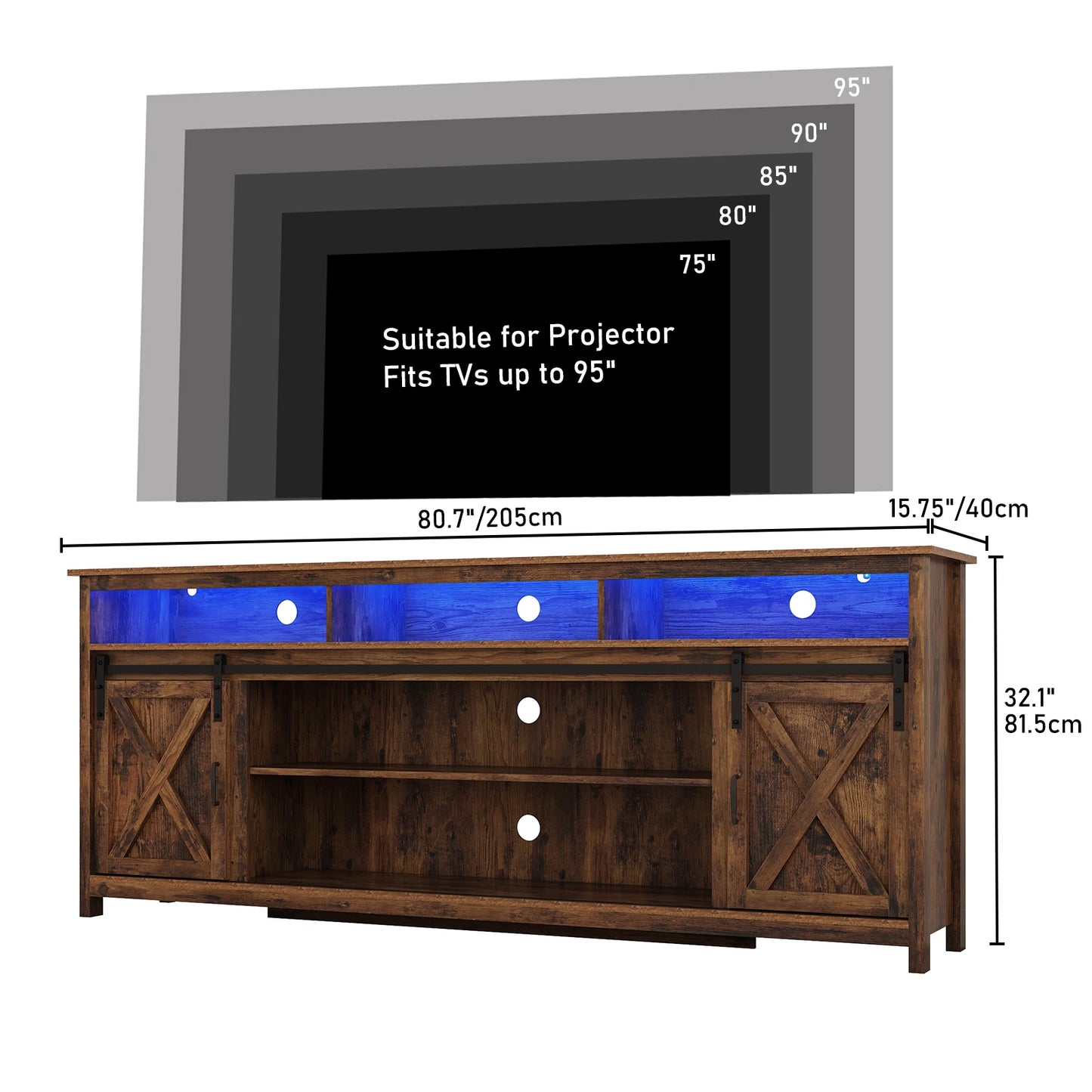 TV Stand Farmhouse Coffee Bar Cabinet Rustic Sliding Barn Door Cabinet with Power Outlet & LED Light