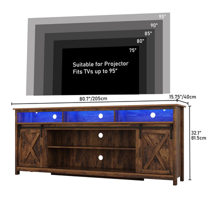 TV Stand Farmhouse Coffee Bar Cabinet Rustic Sliding Barn Door Cabinet with Power Outlet & LED Light