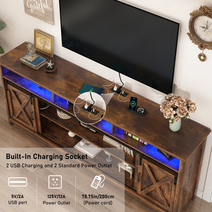 TV Stand Farmhouse Coffee Bar Cabinet Rustic Sliding Barn Door Cabinet with Power Outlet & LED Light
