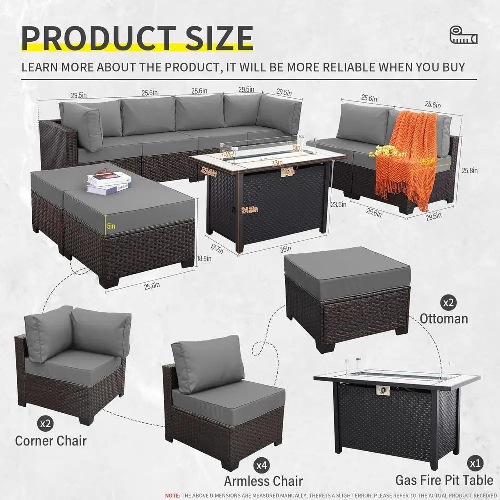 9-Piece Outdoor Wicker Rattan Patio Furniture Set with Grey Cushions and 45 Gas Fire Pit Table