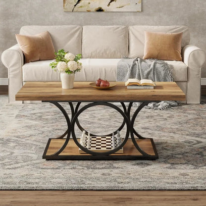 47" Rustic Farmhouse Coffee Table - 2-Tier Wooden Rectangle Center Table