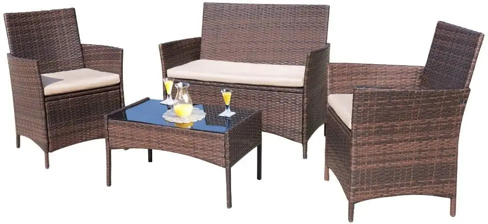 4 Pieces Outdoor Patio Furniture Sets Rattan Chair Wicker Set Backyard Porch