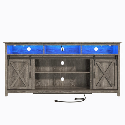 TV Stand Farmhouse Coffee Bar Cabinet Rustic Sliding Barn Door Cabinet with Power Outlet & LED Light