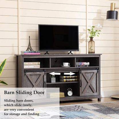 TV Stand Farmhouse Coffee Bar Cabinet Rustic Sliding Barn Door Cabinet with Power Outlet & LED Light