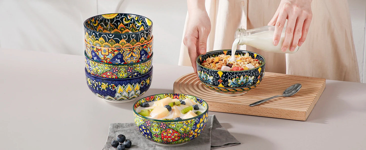 Bohemian Ceramic Bowl Set of 6 (28 Oz) - Colorful Soup, Cereal, Pasta, Salad, Fruit Bowls
