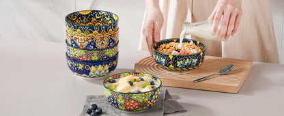 Bohemian Ceramic Bowl Set of 6 (28 Oz) - Colorful Soup, Cereal, Pasta, Salad, Fruit Bowls
