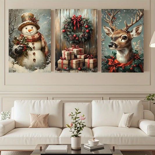 3pcs Eclectic Vintage Christmas Canvas Wall Art