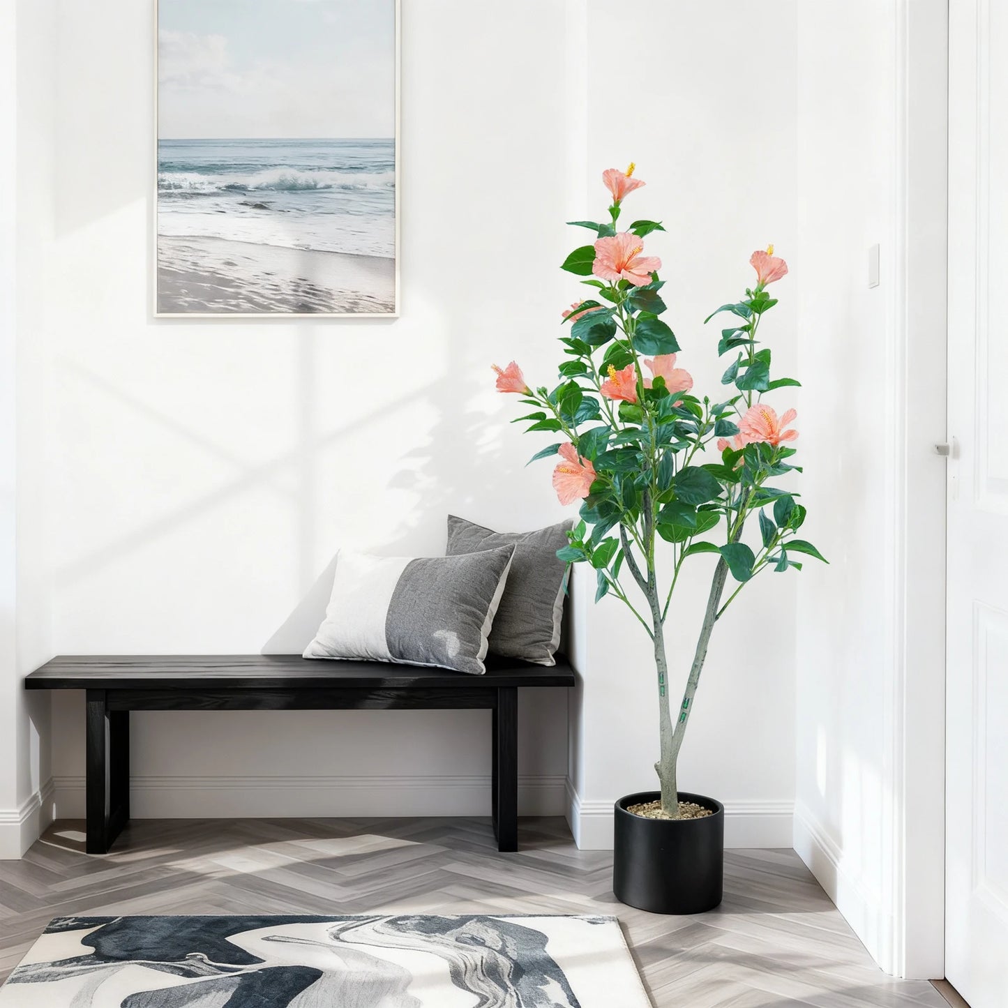 1Pcs  Hibiscus Artificial Tree Faux Tree with Red Hibiscus Flowers  for Front Porch Office Home