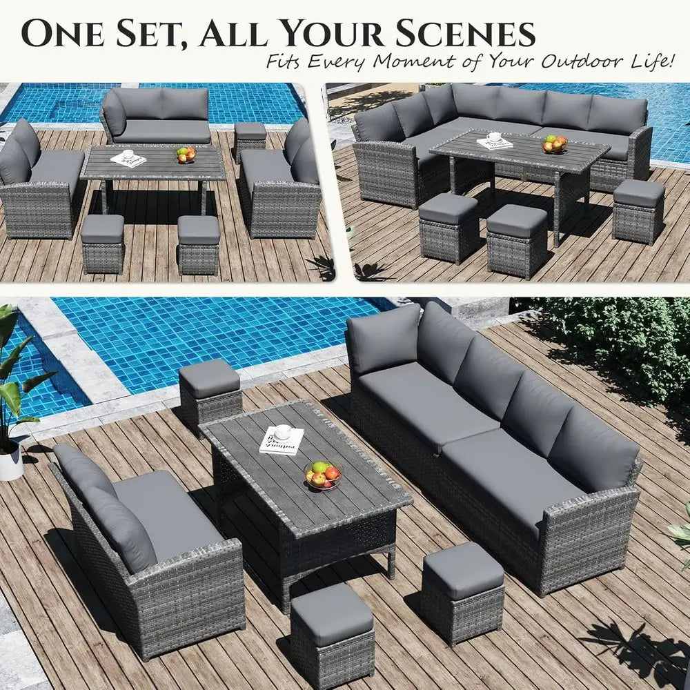 All-Weather Grey Rattan Outdoor Patio Furniture Set with Sectional Sofa, Dining Table, Chairs, and Ottoman