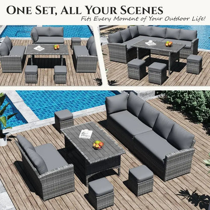 All-Weather Grey Rattan Outdoor Patio Furniture Set with Sectional Sofa, Dining Table, Chairs, and Ottoman