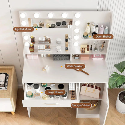 White Makeup Vanity Desk with Mirror, Lights, Drawers & Cabinet