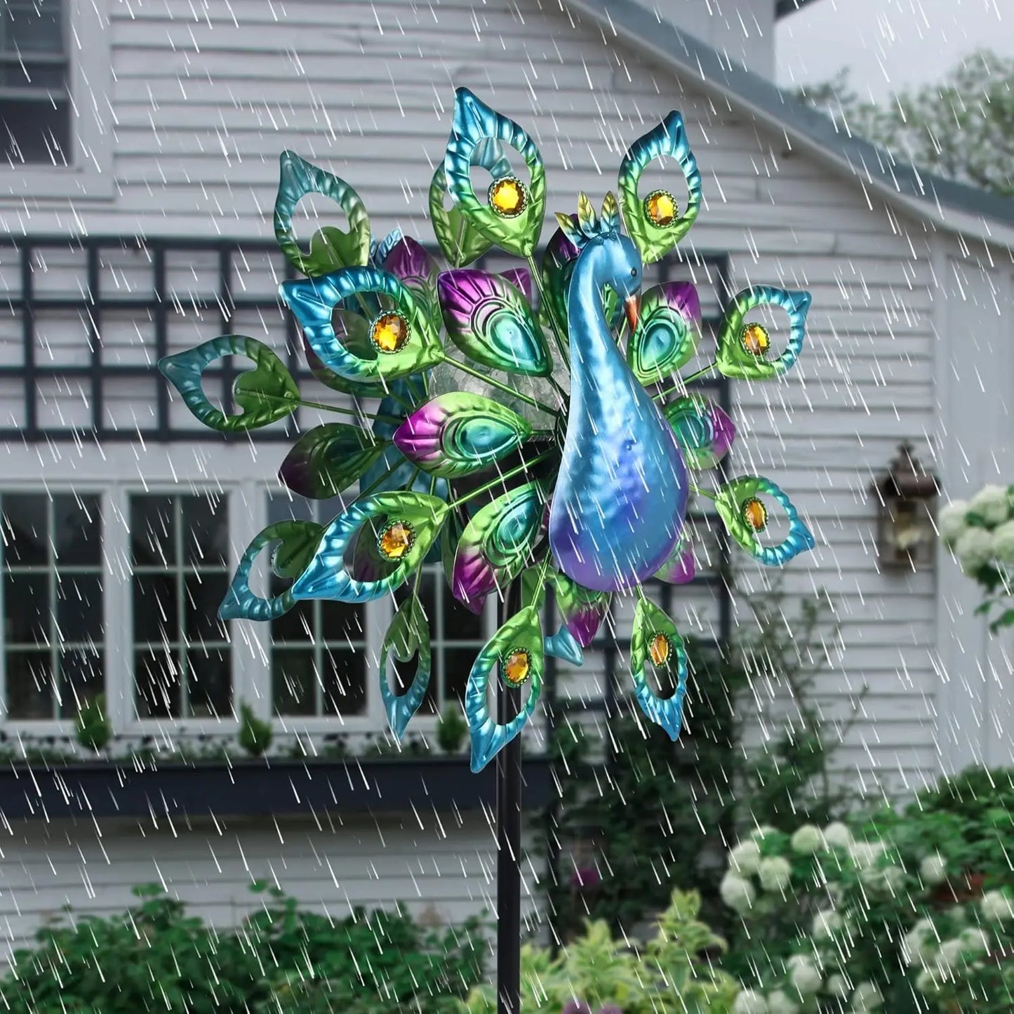Peacock Solar Wind Spinner 62Inch Double Wind Sculpture with Color Changing LED Light  Yard Spinners