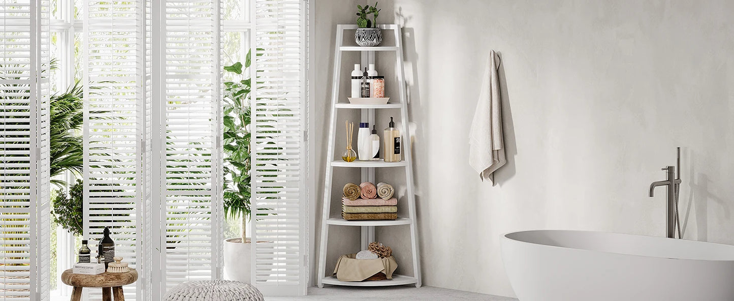 5 Tier Corner Bookshelf and Bookcase, 70 inch Tall Corner Shelves Standing Unit Indoor Plant Stand for Living Room (White)
