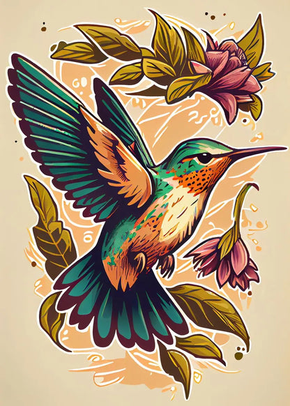 Watercolor Hummingbird Flower Wall Art