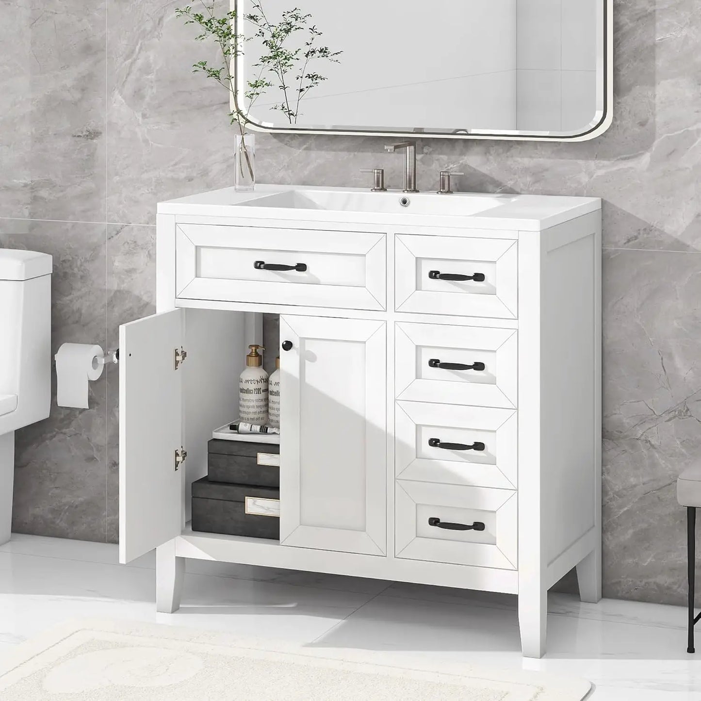 36in Wood Bathroom Vanity with Sink 3 Drawer Storage Adjustable Shelf Natural, Customized,  6 different colors