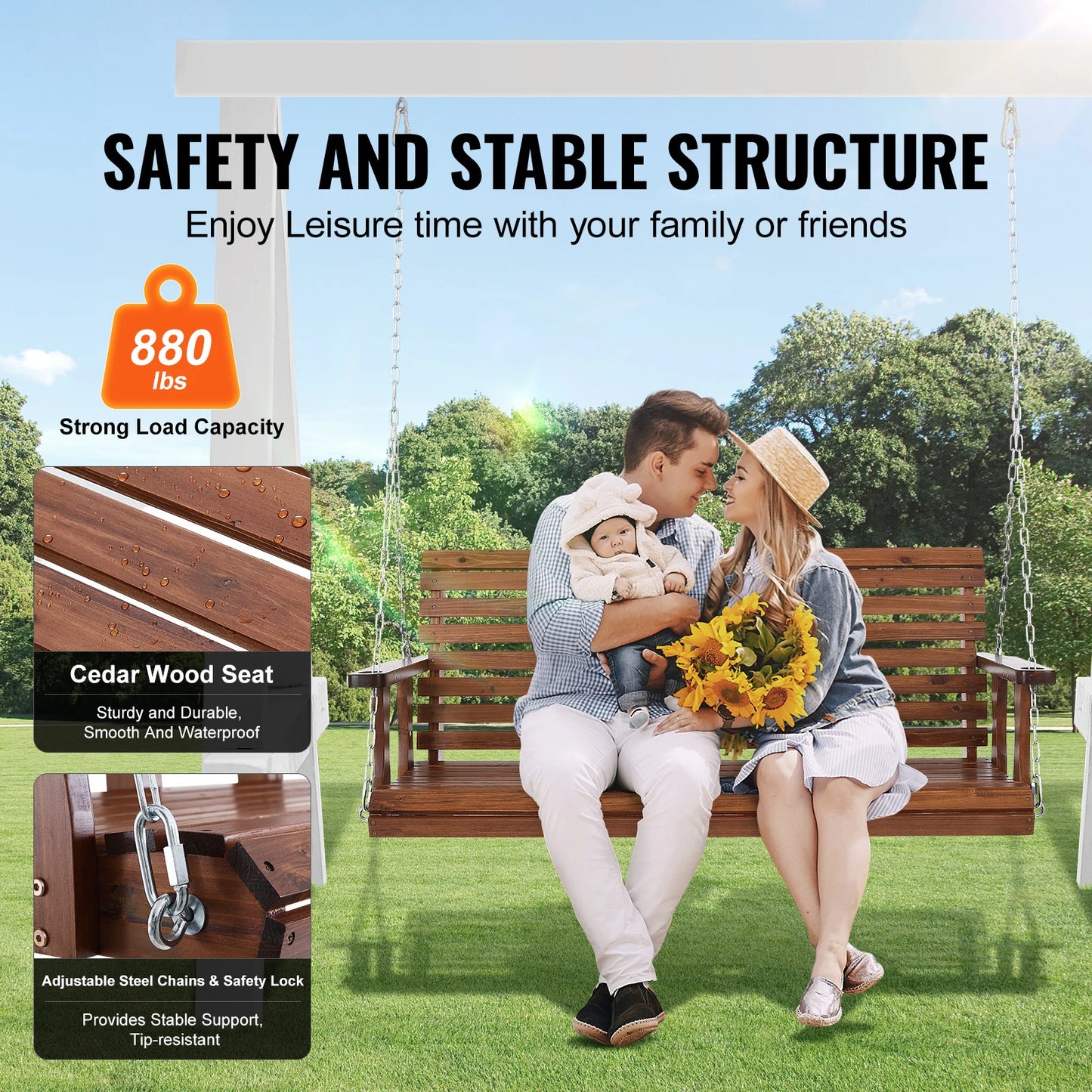 SucceBuy Wooden Porch Swing 5 ft  for Courtyard Garden  880 lbs Strong Load Capacity Chair Bench