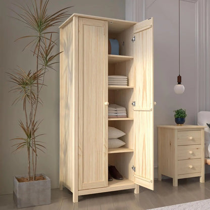 Solid Wood Armoire – 2-Door Wardrobe Cabinet with Adjustable Shelves, Tall Bedroom Storage Closet, Unfinished