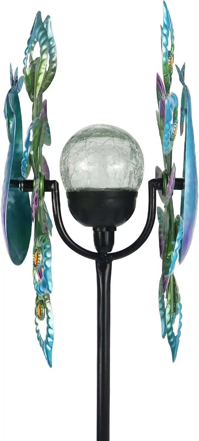 Peacock Solar Wind Spinner 62Inch Double Wind Sculpture with Color Changing LED Light  Yard Spinners
