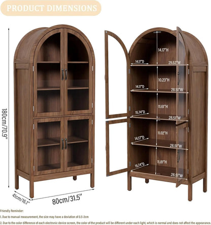 70.9'' Arched Kitchen Pantry Cabinet with Acrylic Glass Doors, 5-Tier Shelves, Walnut Finish