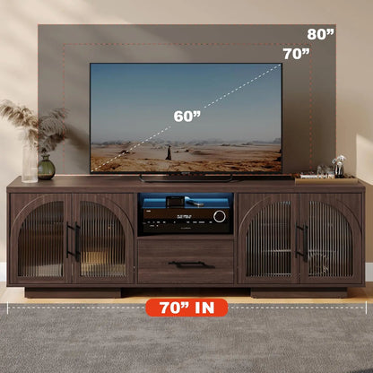 70 Inch TV Stand for 80 Inch TVs Entertainment Center with LED Lights Arched Glass Doors