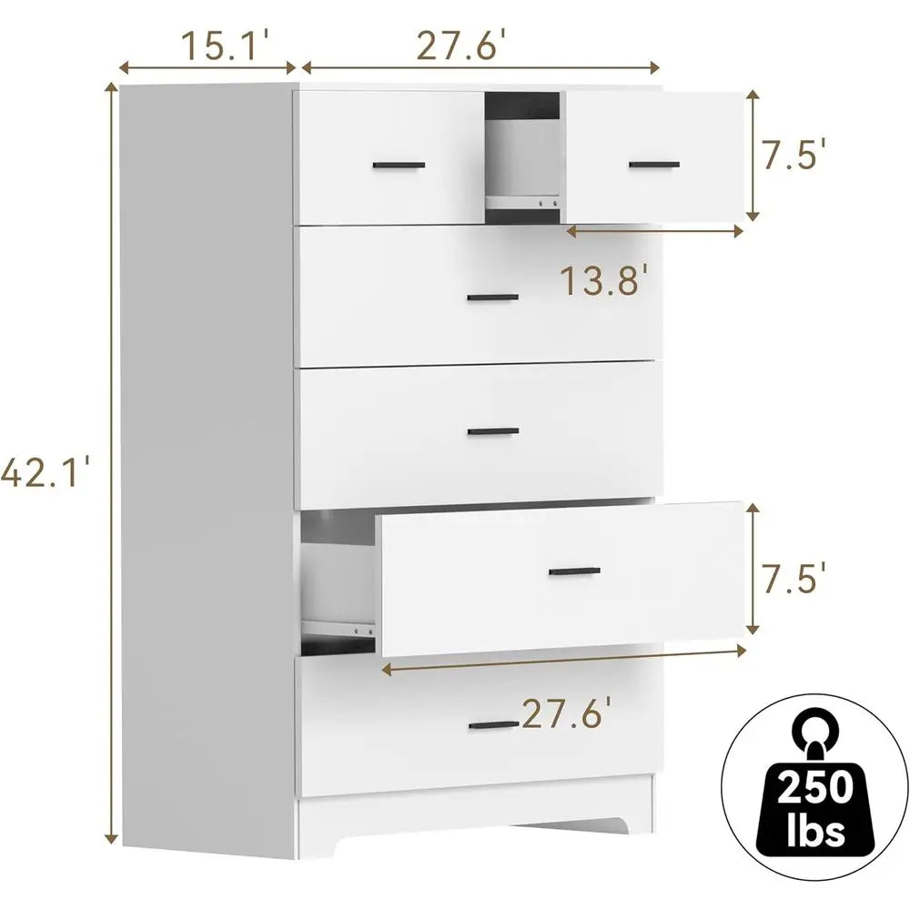 Wooden 6-Drawer Cabinet with Power Outlets and Large White Storage Organizer for Closets, Bedrooms, and Hallways