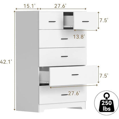 Wooden 6-Drawer Cabinet with Power Outlets and Large White Storage Organizer for Closets, Bedrooms, and Hallways