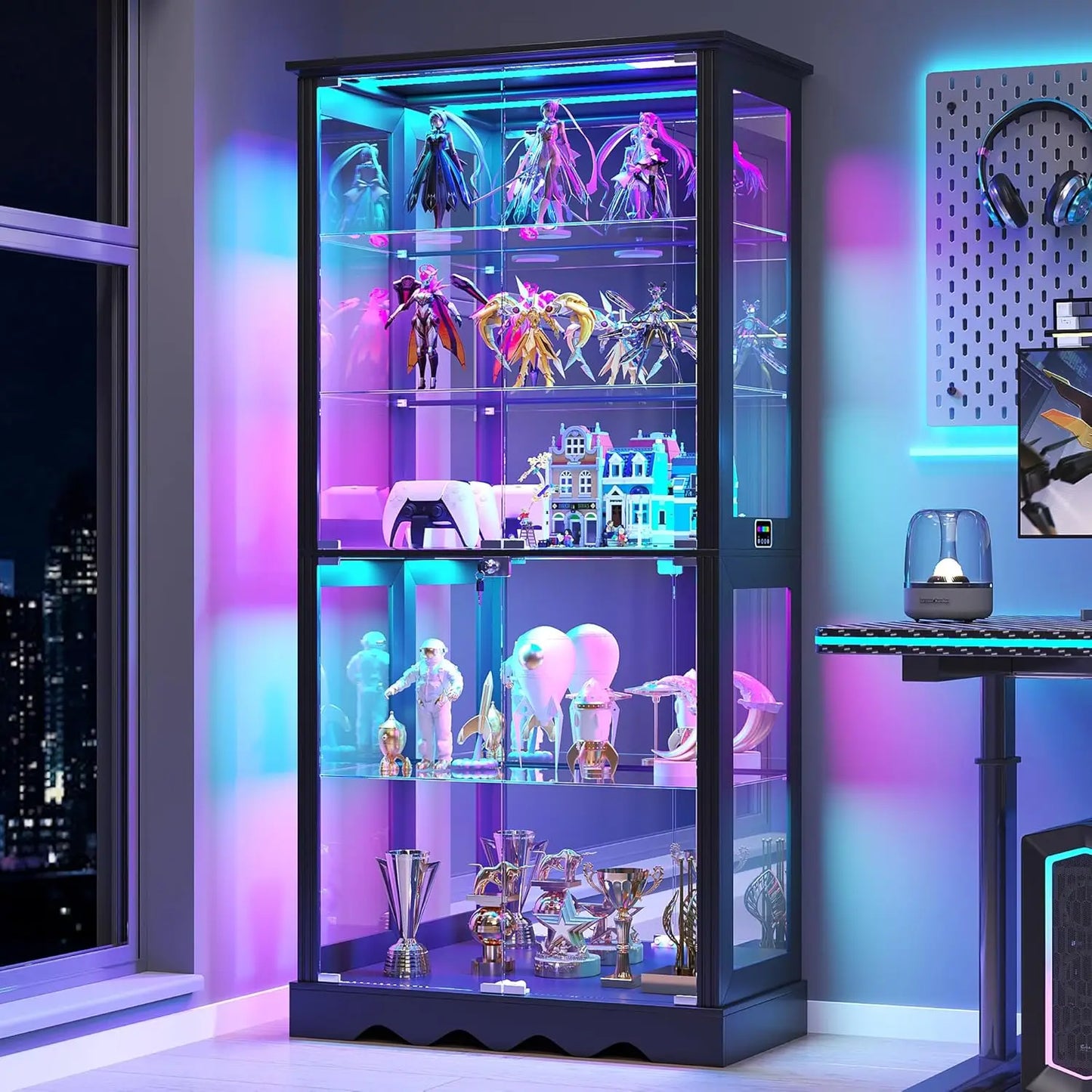 71" Tall Glass Display Cabinet with RGB Lights & Motion Sensor, 5-Tier Curio Case for Collectibles, Figures, Books