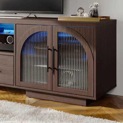 70 Inch TV Stand for 80 Inch TVs Entertainment Center with LED Lights Arched Glass Doors