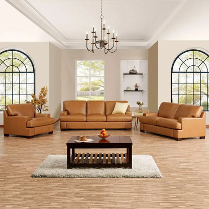 Genuine Leather Sofa - Set of 3 Luxurious Comfort, Goose Feather Cushion Filling, Square Arm Design, Sturdy Block