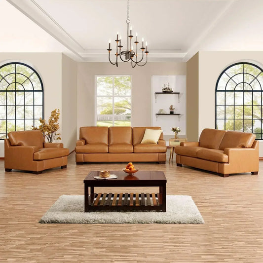 Genuine Leather Sofa - Set of 3 Luxurious Comfort, Goose Feather Cushion Filling, Square Arm Design, Sturdy Block