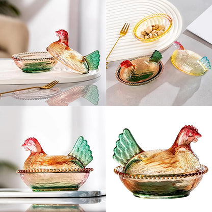 Glass Hen on Nest Candy Dish with Lid, Pastoral  Candy Bowl  with Lid,Muti-Color