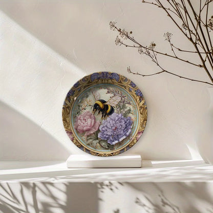 1pc Hand-Painted Bee & Floral Ceramic Plate - Round Wall-Mountable or Tabletop