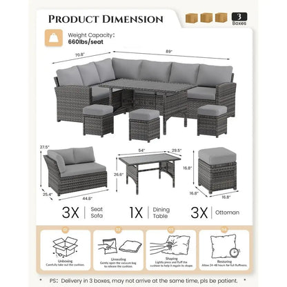 All-Weather Grey Rattan Outdoor Patio Furniture Set with Sectional Sofa, Dining Table, Chairs, and Ottoman