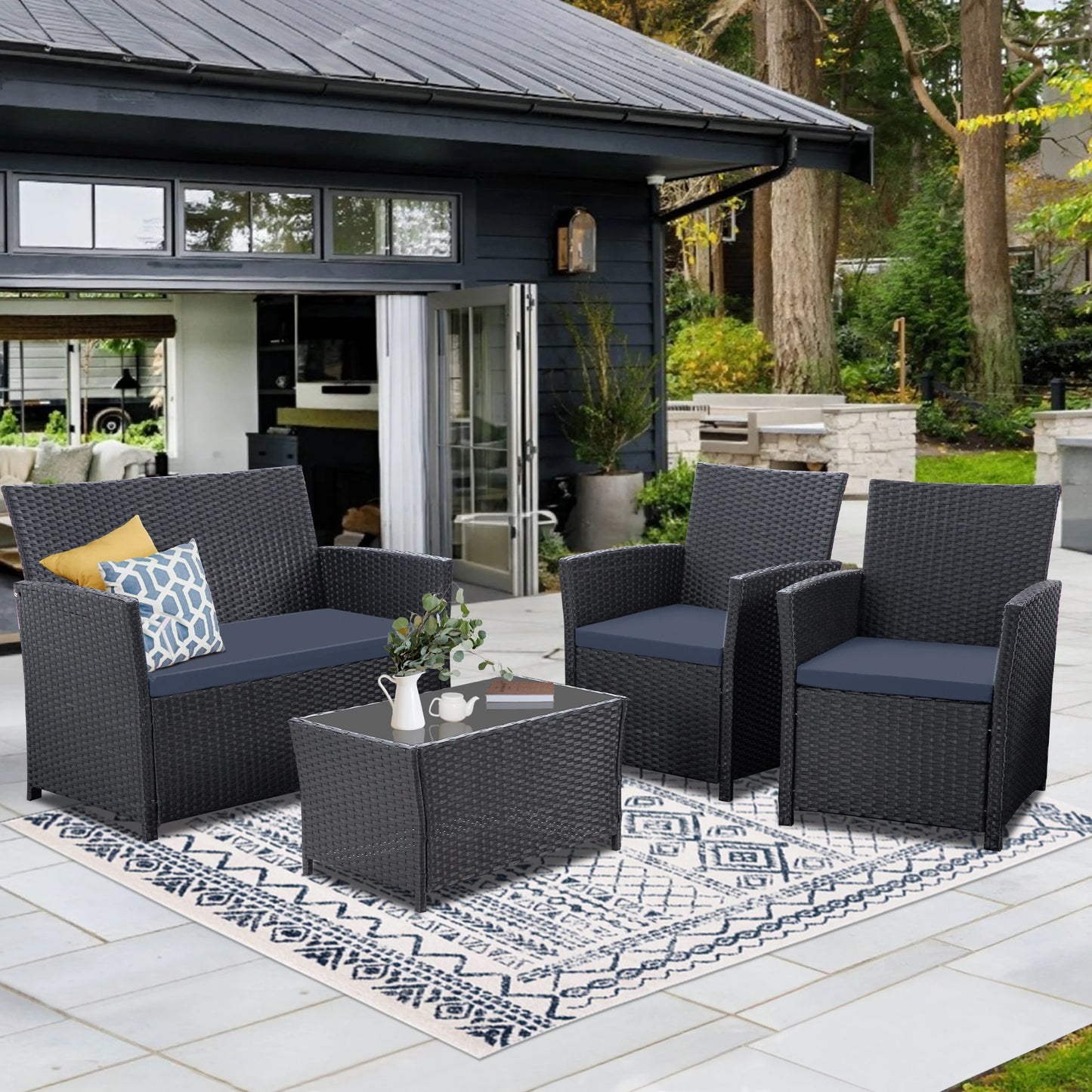 4 Piece Patio Furniture Set, , Rattan Sectional Sofa Couch with Coffee Table & Seat Cushions for