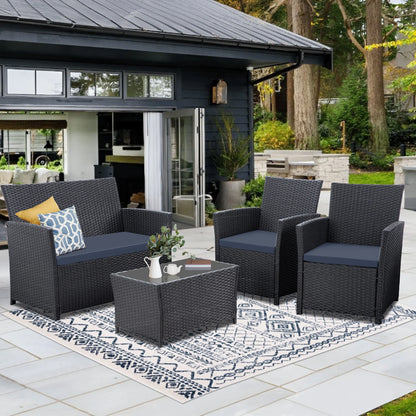 4 Piece Patio Furniture Set, , Rattan Sectional Sofa Couch with Coffee Table & Seat Cushions for