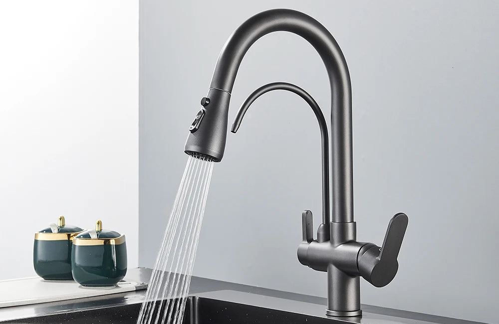 Quyanre Matte Black Filtered Crane For Kitchen Pull Out Spray 360 Rotation Water Sink Mixer Kitchen Faucet