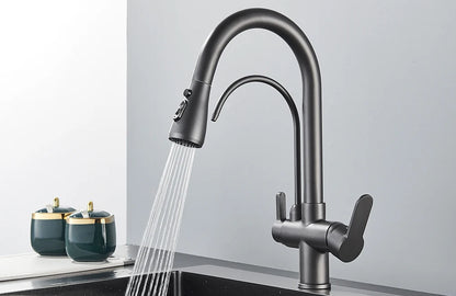 Quyanre Matte Black Filtered Crane For Kitchen Pull Out Spray 360 Rotation Water Sink Mixer Kitchen Faucet