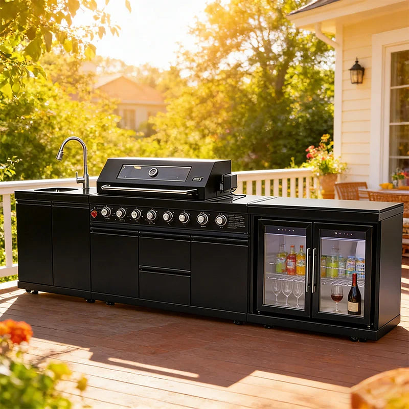 Modern Modular Functional Stainless Steel Outdoor Kitchen Grill Cooktop Sink Fridge LED For Backyard Patio Garden