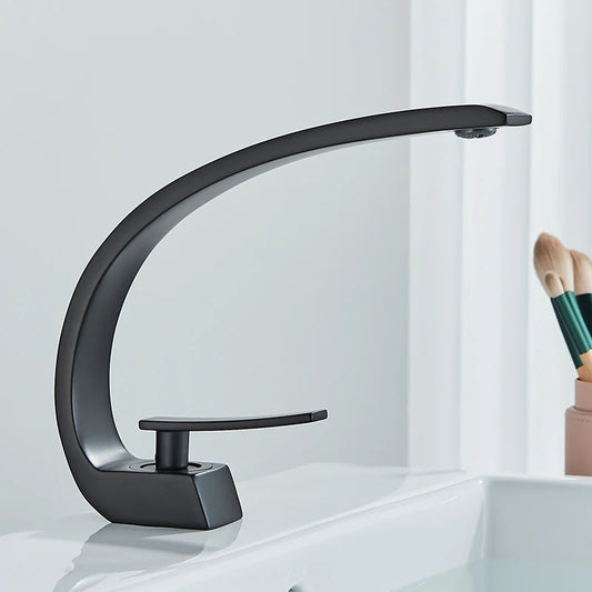 Luxury Brass Basin Faucet Deck Mounted Black Hot Cold Water Single Hole For Bathroom